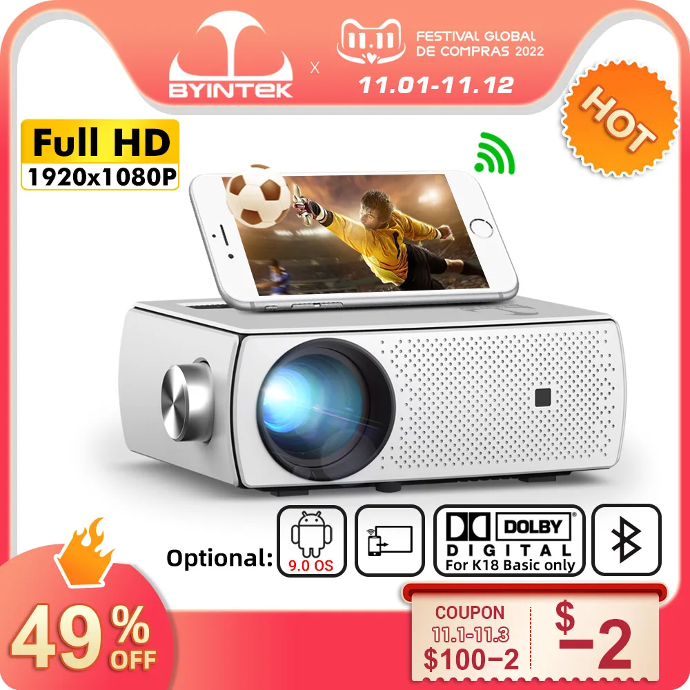 

BYINTEK K18 Full HD 1920x1080 LCD Smart Android WIFI LED Video Home Theater Portable Mini Projector 4K 1080P for Smartphone