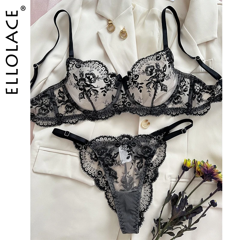 

Ellolace Fancy Lingerie Lace Embroidery Fairy Seamless Tulle Underwear See Through Exotic Sets Floral Beautiful Bilizna Set