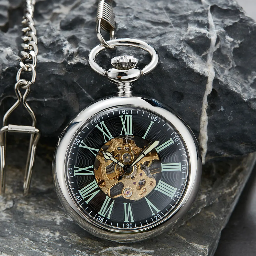 Vintage Silver Watch Necklace Steampunk Skeleton Mechanical Pocket Watch Clock Hand-winding Men Women Chain Gift Relgio de bolso