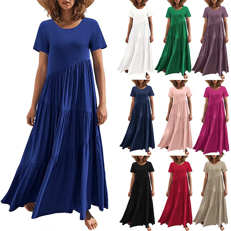 

2023 New Loose Long Skirt Short Sleeve Round Neck Asymmetrical Swing Layered Beach Dress
