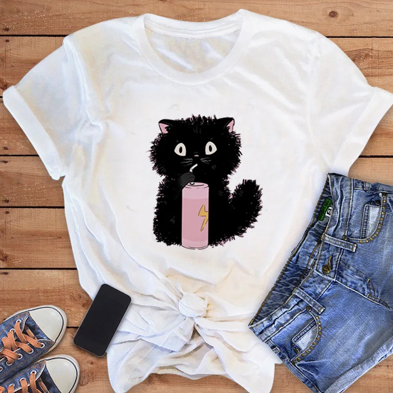 

Clothing Short Sleeve 2023 Summer Women's Fashion Print Women's Sweet Trend 90s Shirt T-shirt Women's Cat Pattern Casual T-shirt
