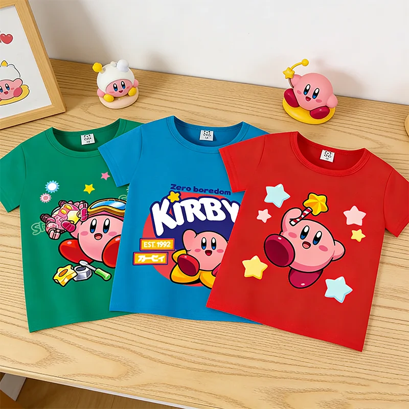 Фото Летняя детская футболка Star Kirbys с короткими рукавами, милые разноцветные топы, модная футболка с героями мультфильмов для малышей, повседневная одежда Kawaii Game Boy для мальчиков и девочек, подарок №1