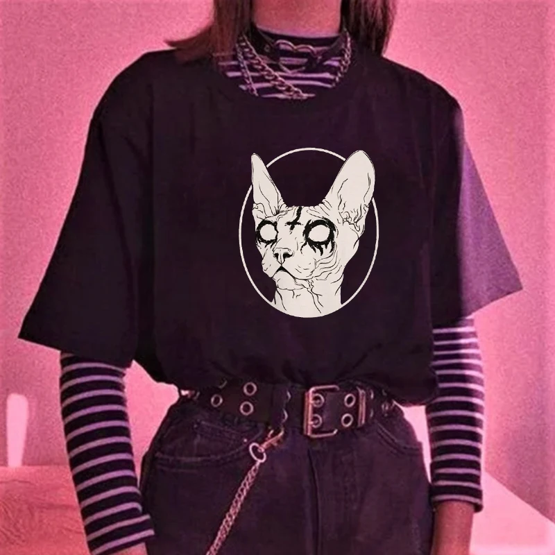 

Death Cat T-Shirt Black Metal Clothing Women Witchy Goth Shirt Gothic Clothing P Fashion Aesthetic Tees Tops