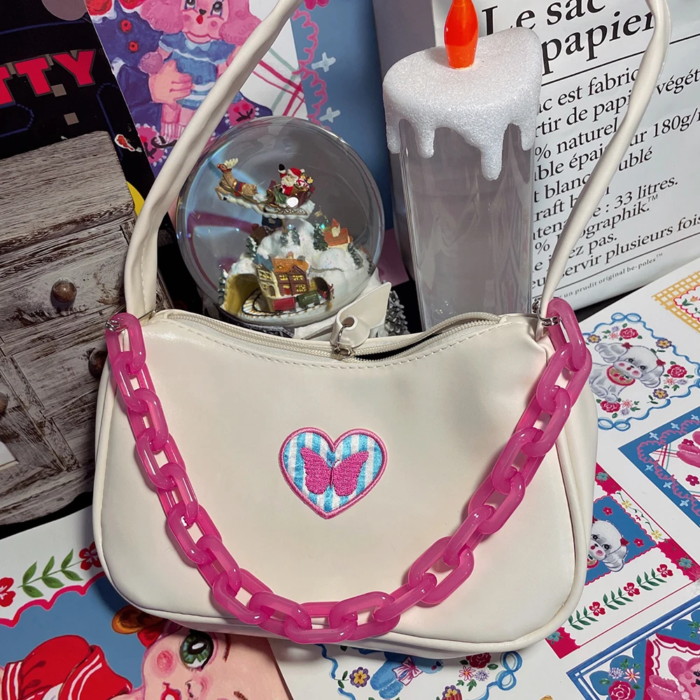 

HAEX Y2K Harajuku Handbags for Women Fashion Heart Patchwork Lolita Women's Bag 2022 Trend Acrylic Chains Shoulder Bolso Mujer