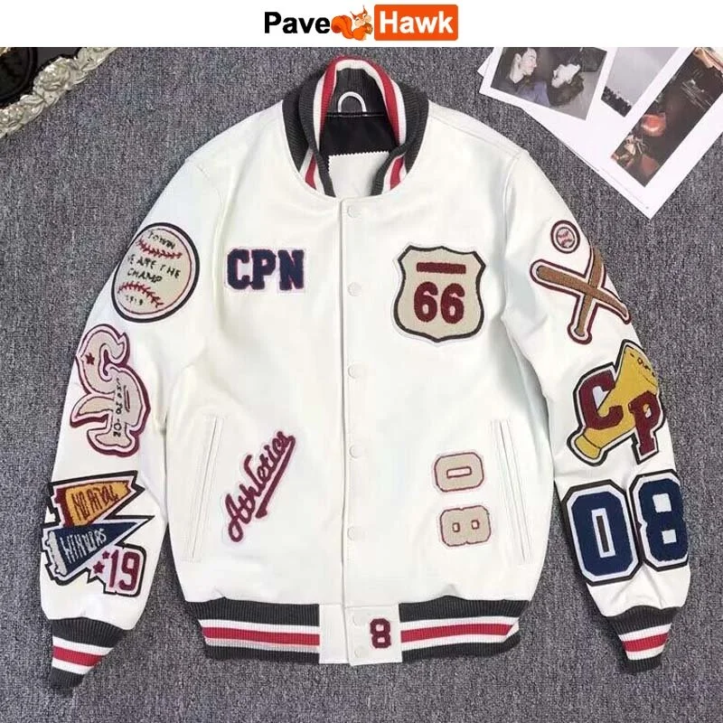 

Pu Baseball Jacket Men Letter Flocking Bomber Leather Jackets Heavy Industry White Short Motorcycle Racing Coat Unisex 2023