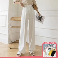 spring summer white wide leg pants for women 2022 high waist pockets pants loose workwear office lady female black trousers
