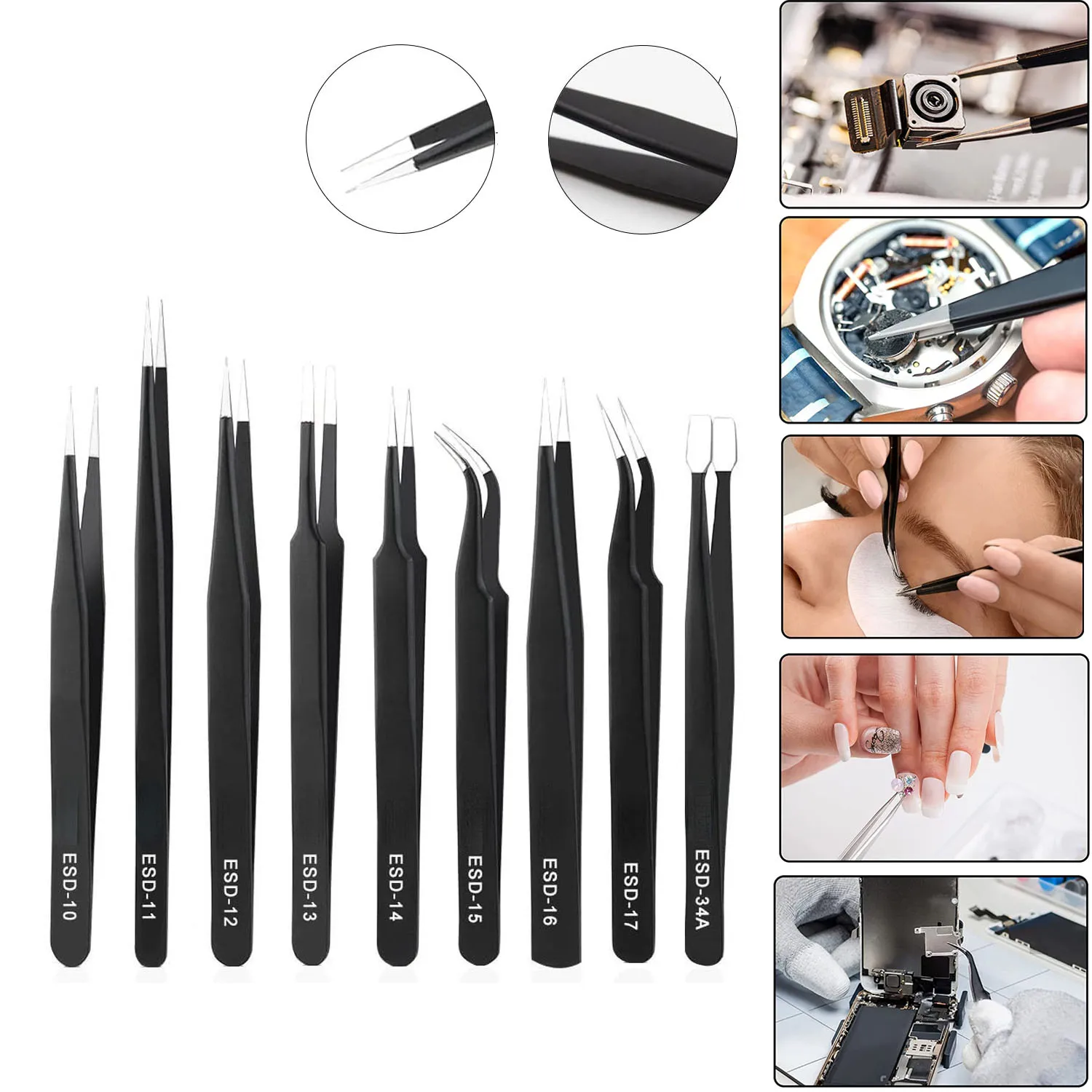 ESD Tweezers Tools Kit Precision Anti-Static Stainless Steel Tweezers Hand Repair Tool For Soldering Electronics Craft Lab Home