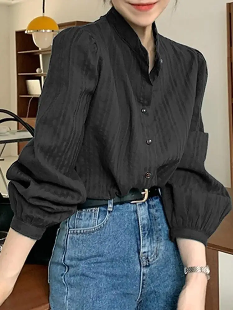 

VONDA стильные однотонные Топы с длинным рукавом, женские рубашки, блузы, женская уличная блузка на пуговицах, Женская Повседневная мешковата...