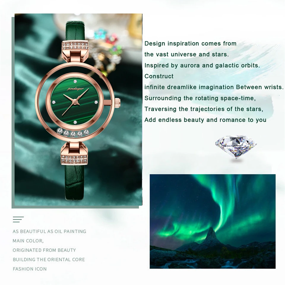 POEDAGAR Fashion Watches For Women Luxury Leather Diamand Dress Ladies Green Watch High Quality Waterproof Women Watch+box reloj