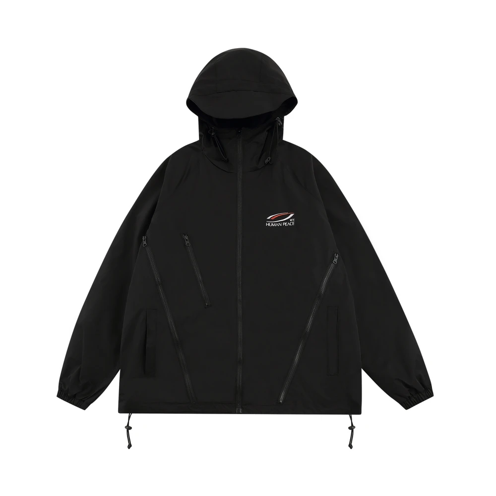

Letter Embroidery Hooded Jacket Mens 2022 Autumn Winter Streetwear Zipper Decoration Windbreaker Hem Drawstring Outerwear Men