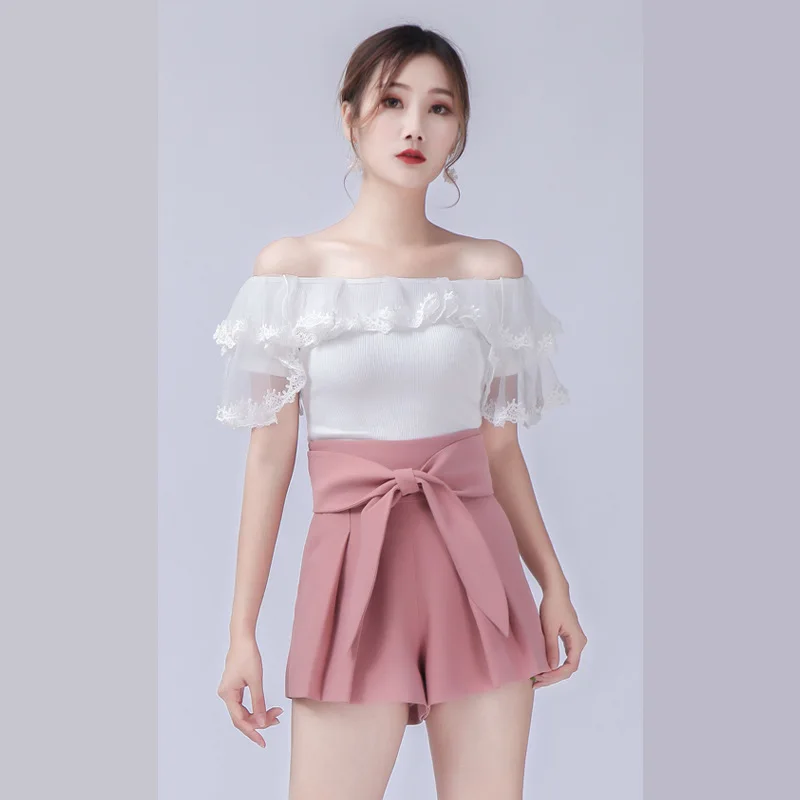 

2022 Spring And Summer Women Leather Pink High Waist Shorts Removable Belt Pleated Casual Pants
