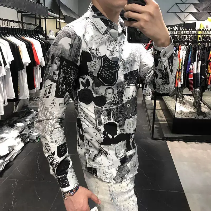 Men's Fashion Shirt Spring and Autumn 2022 New Fashion Brand Personality Printing Slim Sleeve Shirt