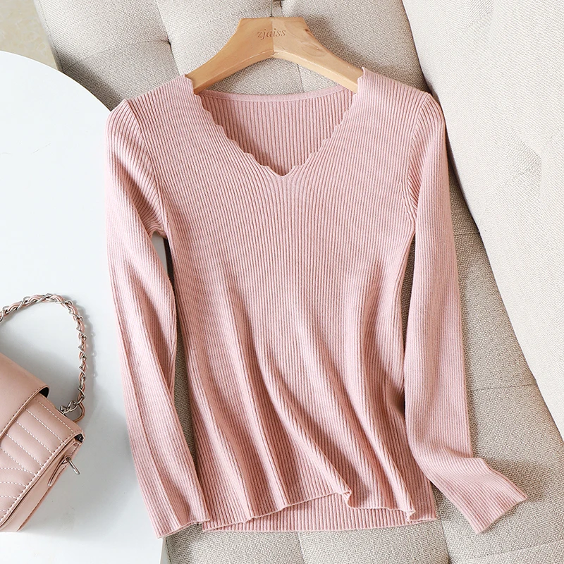 

2021 Basic Wavy V-neck Solid Autumn Winter Sweater Pullover Women Female Knitted Sweater Slim Long Sleeve Badycon Sweater Cheap