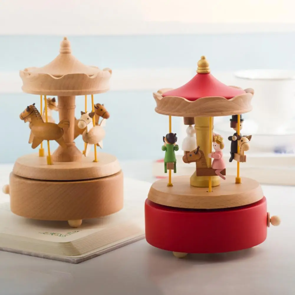 

New Fashion Wooden Musical Box No Battery Beech Musical Box Carousel Horse Rotating Desktop Decoration for Home