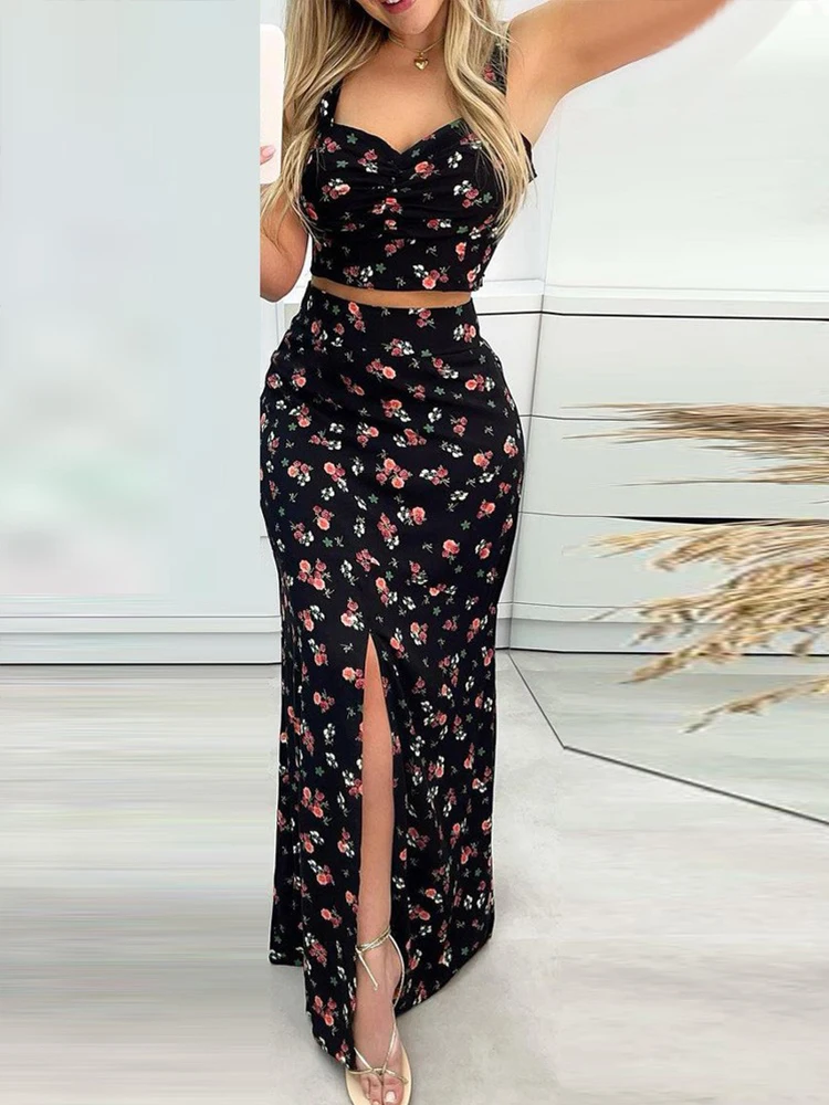 Комплект Shein Romwe из двух предметов для женщин Модный укороченный топ с цветочным