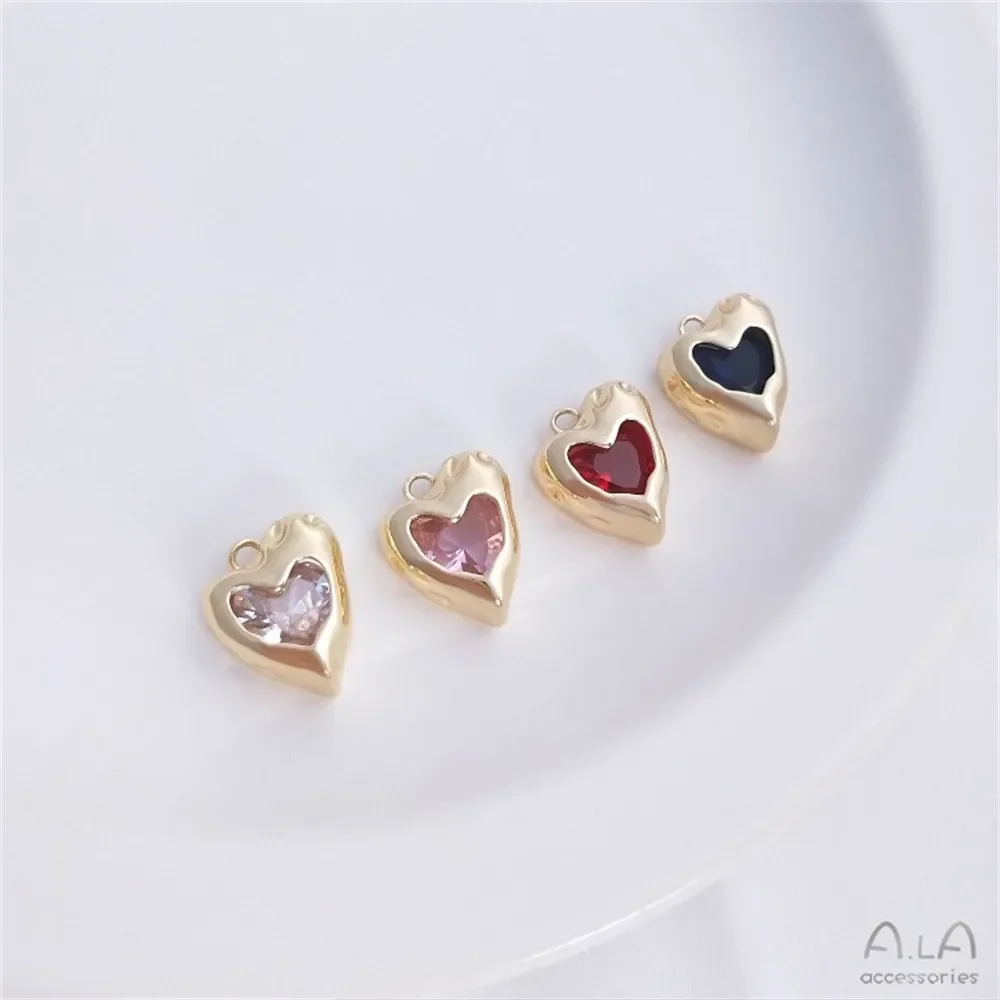 14K Wrapped Gold Fashion Heart Pendant Inlaid with Zircon Diy Necklace Jewelry Colorful Zirconium Love Charms K386