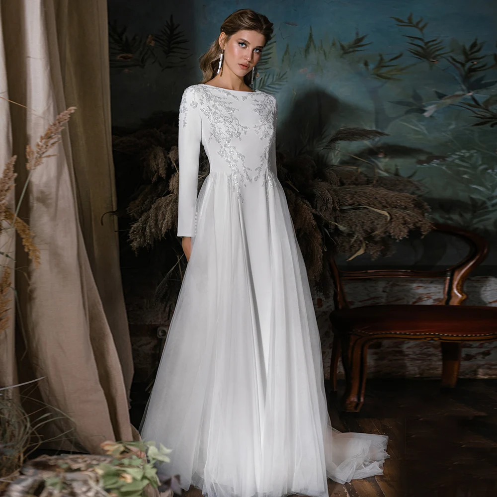 

White Long Sleeve Wedding Dress With Embroidery Formal Bridal Gown Tulle Train A Line Plus Size Scoop Neck Свадебное платье 2022