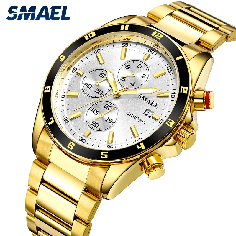 

SMAEL Fashion Men Watches Luxury Brand Gold Chronograph Stainless Steel Waterproof Casual Quartz Analog Wrist Watch SL-9009