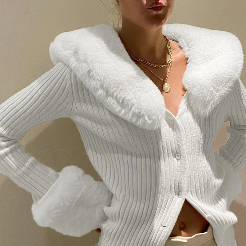 

Women Winter Long Sleeve Solid Sweaters Tops Fashion Lady V-neck Knit Cardigan Sexy Stitch Faux Fur Furry Knit Shirts Jumper