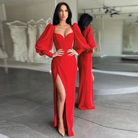 red long puffy sleeves evening dresses slit side soft elastic satin prom gown special occasion party gowns 2021