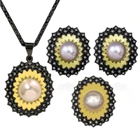 ajojewel italian retro style shell pearl jewelry sets for women black golden ladies earrings sunflower ring round pendant neck