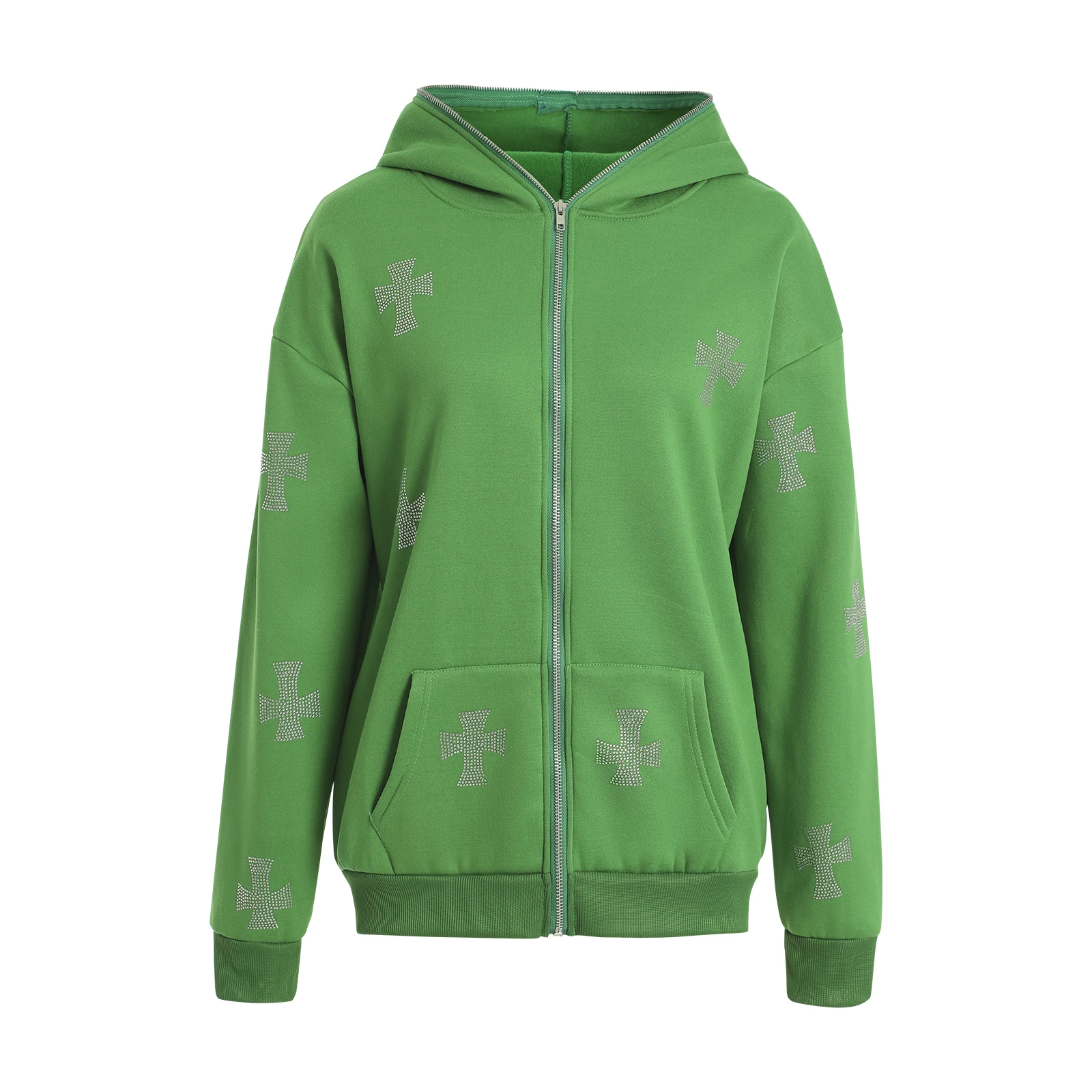 

Women Hooded Caot Adults Casual Rhinestone Cross Pattern Long Sleeve Sweatshirt with Pockets