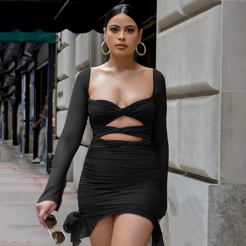 Europe And America Hollow Out Skirt New Fashion Sexy Perspective Long Sleeve Short Dress