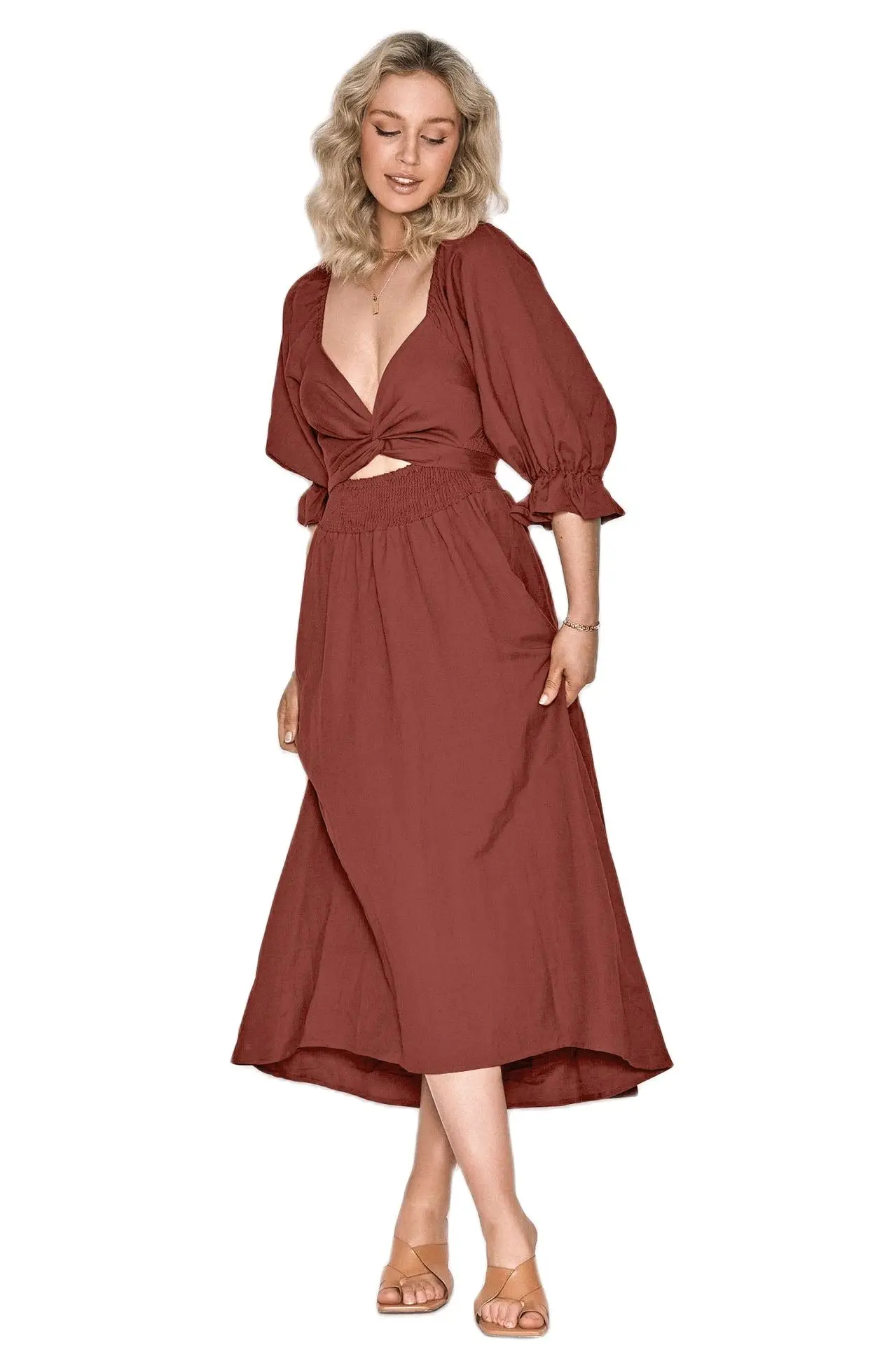 

French High-Grade Women'S Autumn Dress Tie Rope Belt Ruffled Lantern Sleeve Elegant Skirt Girls Go On Holiday Casual Wear