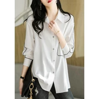 casual fashion solid striped pockets shirt spring summer 2022 turn down collar long sleeve single breasted tops womens clothing