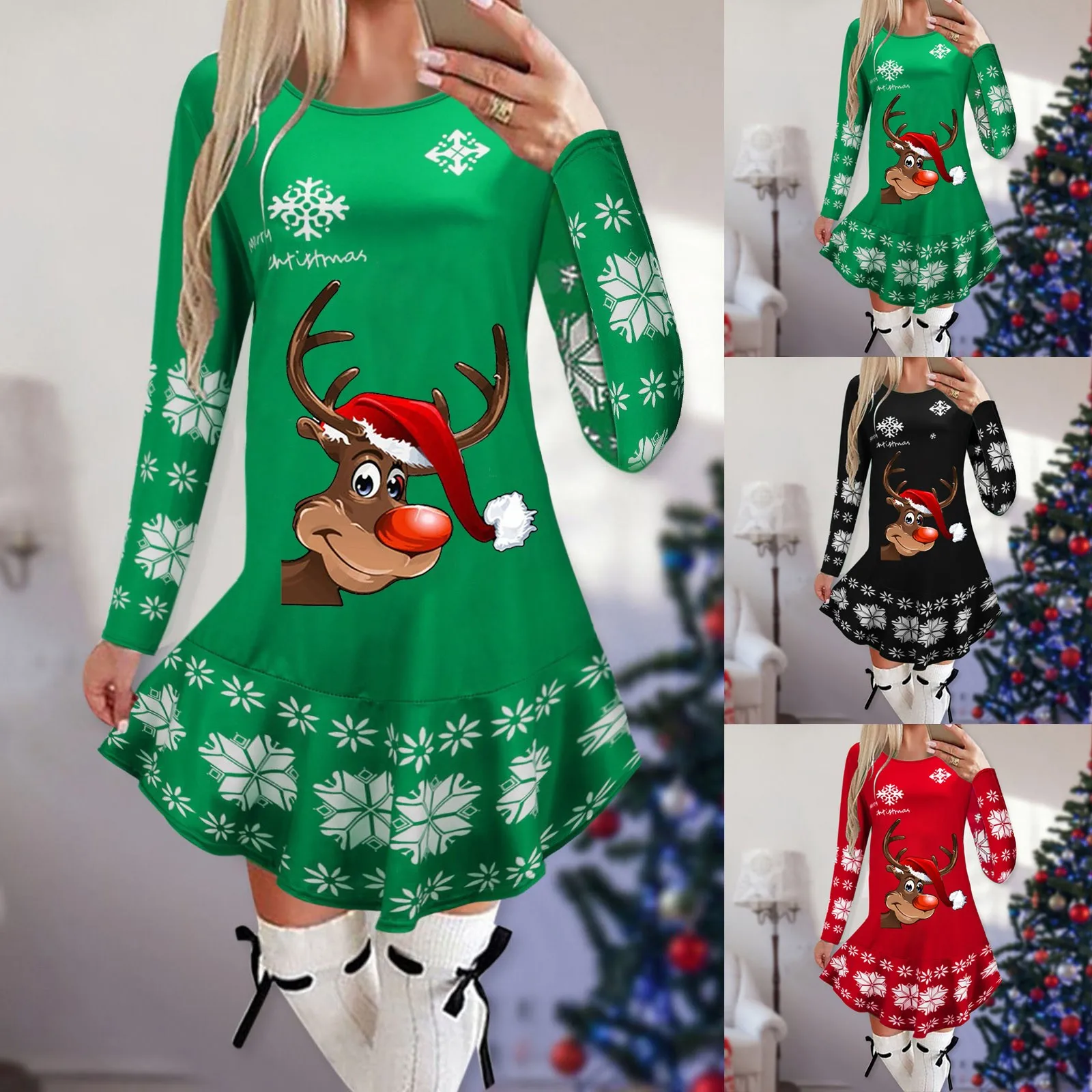 

Women's Christmas Dresses Printed Round Neck Long Sleeved Dress Autumn And Winter Casual Sexy Dresses Summer Dresses Maxi