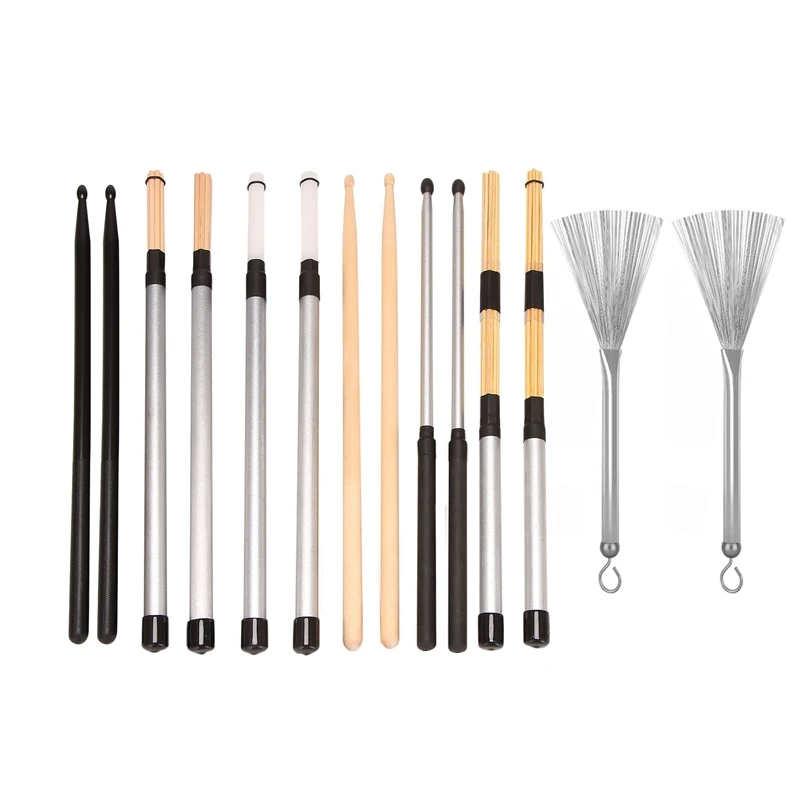 7 Pair Drum Sticks Set Include Nylon Drum Sticks,Metal Drum Sticks,Retractable Drum Wire Brushes Rod Drum Stick With Bag
