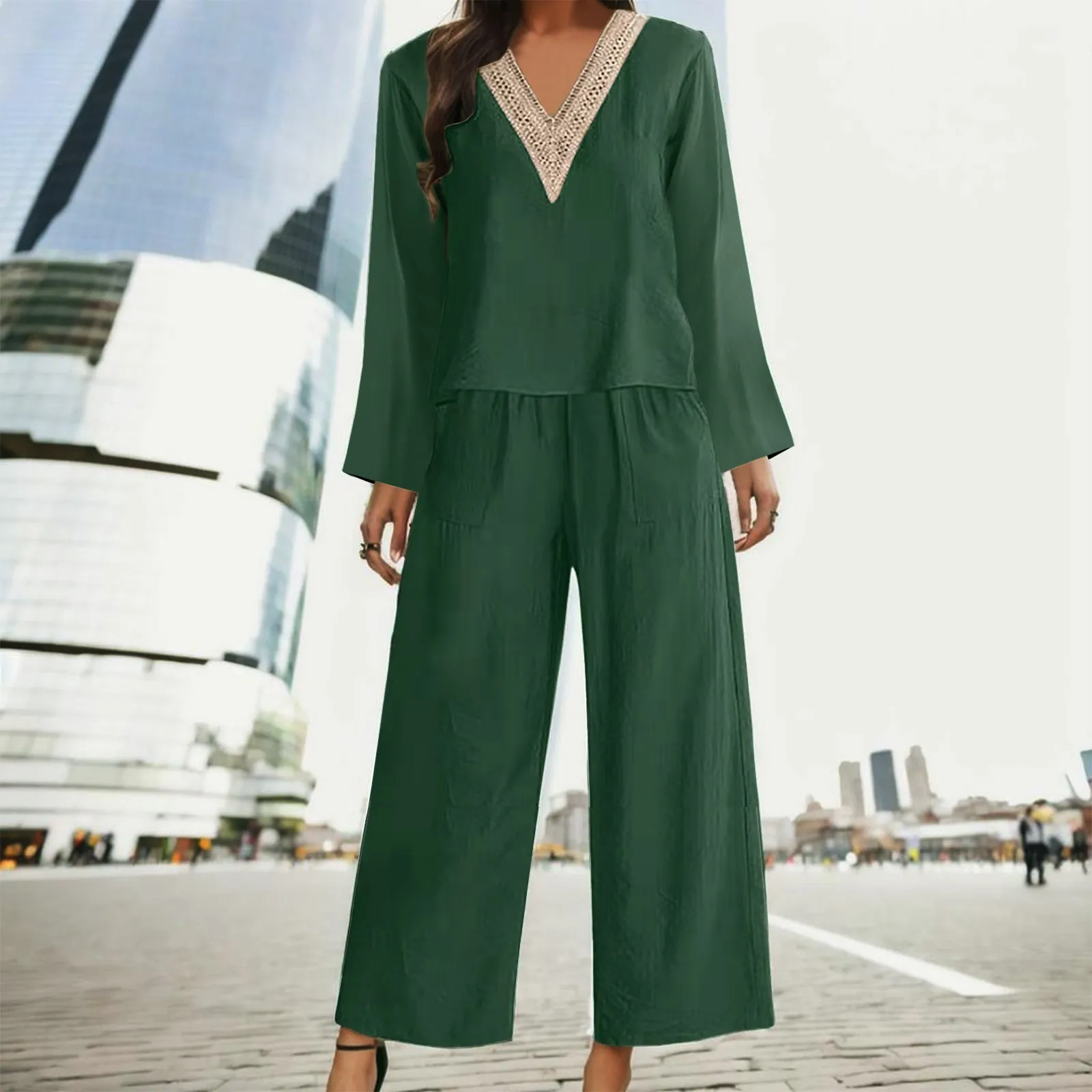 

Autumn Two Piece Set Womens Solid Lace V Neck Cotton Linen Shirt Casual Blouse Women'S Long Sleeved Tunic Pants Set Outfits New