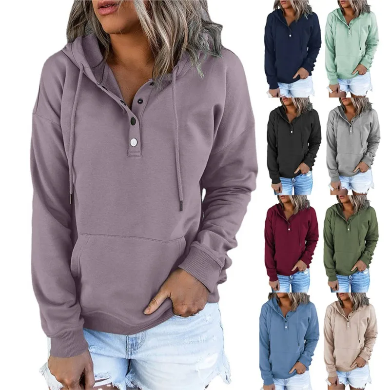 

Leisure And Comfortable Autumn And Winter Solid Color Long Sleeve Loose Pullover Hooded Drawstring Women's Pocket Sweater