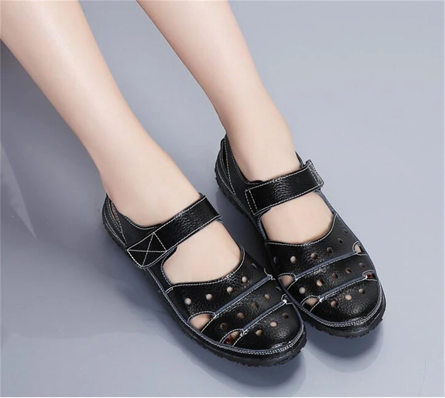Women Sandals Genuine Leather Hollow Out Shoes Summer Cool Beach Sandals Flats Loafers Elegant Wedges Shoes Heeled Sandals