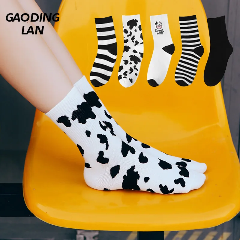 

3 Pair Women Cow Leopard Pattern Pile Socks Japanese Kawaii Middle Tube Socks Female Combed Cotton Breathable Sports Stockings