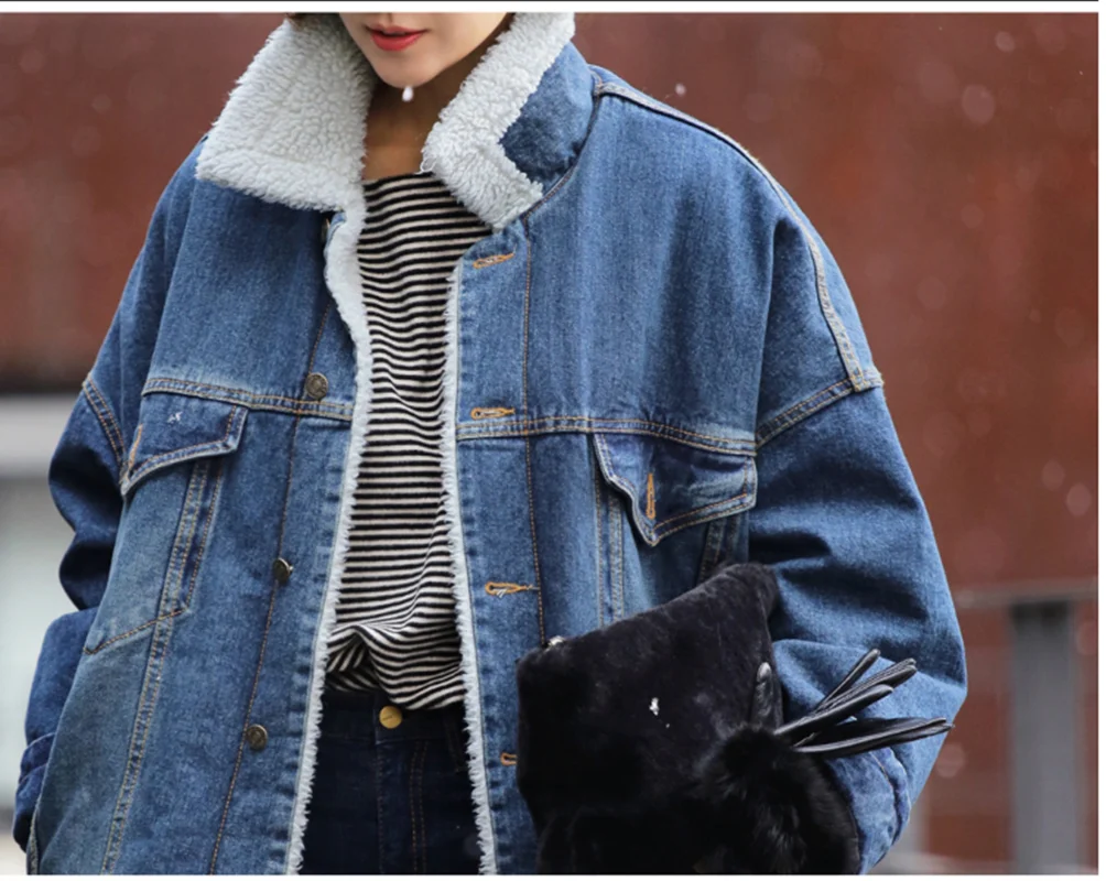 Blue Top Fleece Warm Winter Denim Jacket Women New Fashion Velvet Thick Jean Coat Female Long Single Breasted Ladies Outerwear