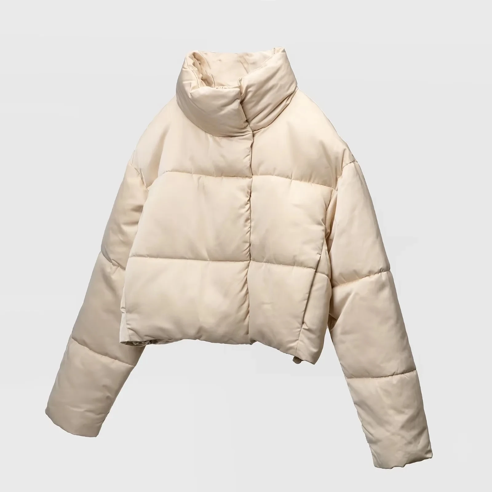 Winter Women's Beige High Neck Zip Long Sleeve Pocket Design Short Cotton Jacket Warm Fashion High Street Style