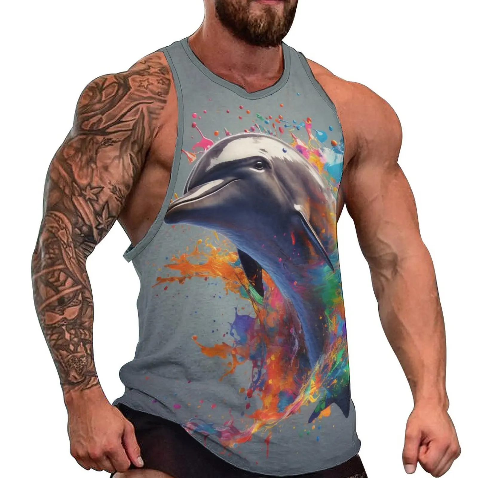 

Dolphin Tank Top Explosion Liquid Splash Trendy Tops Summer Training Man Design Sleeveless Vests Big Size 4XL 5XL