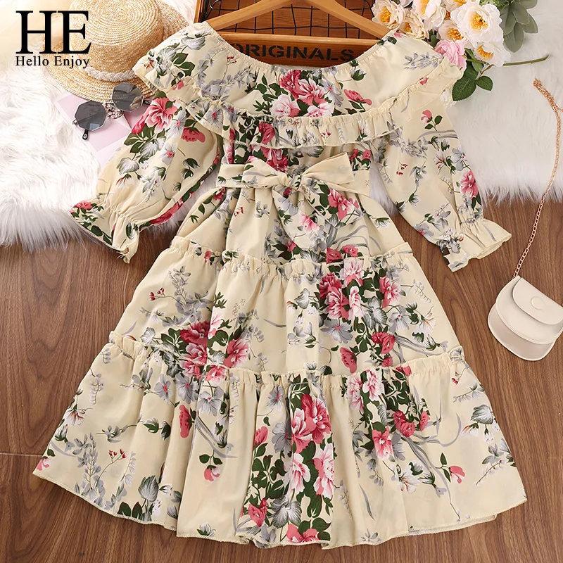 

HE Hello Enjoy New Summer Kids Girls Dress Print Floral Bow Dresses For Girls Fashion Princess Girls' Children Clothing 2022