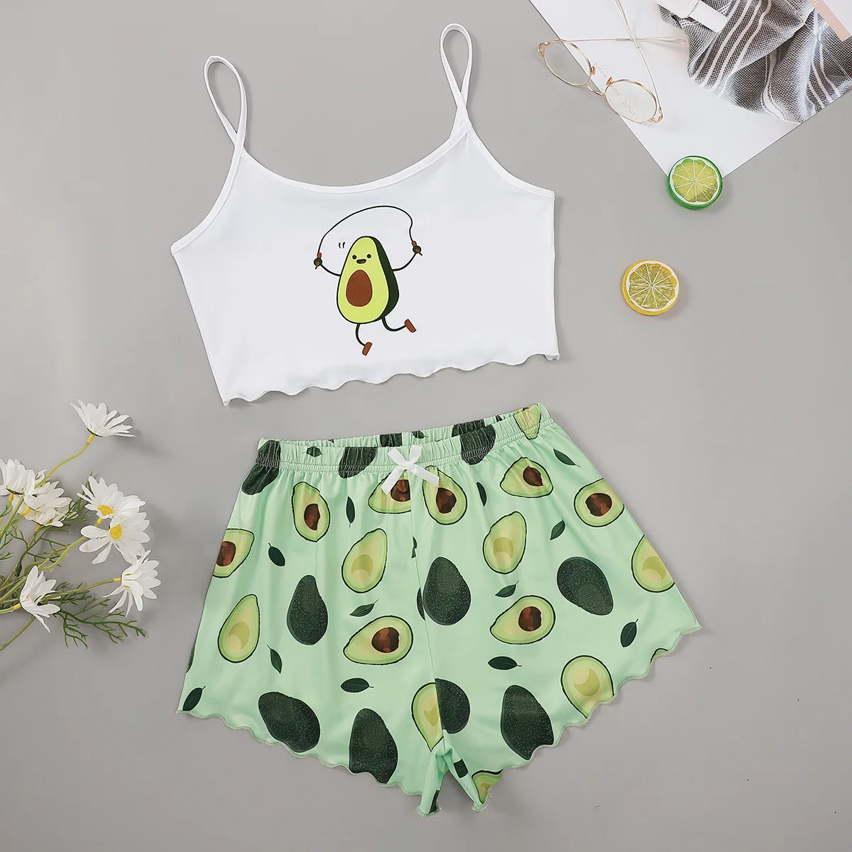 

New Avocado Printed Pajamas for Women Suspender Top and Avocado Leaf Printed Shorts Home Suit Silk Pajamas for Women