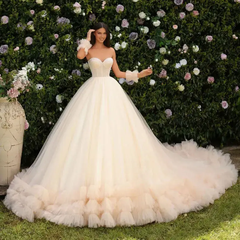 

Custom Made 2024 Strapless Lace Up Ball Gown Wedding Dress Luxury Off the Shoulder Princess Bridal Gown Vestido De Noiva