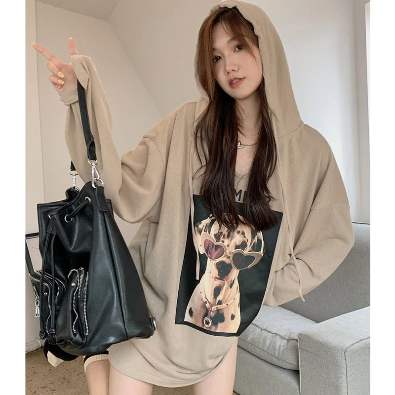 

Casual Hooded Long Sleeve T-Shirt Women's Fall 2022 New Loose Printed Drawstring Mid Length Tops