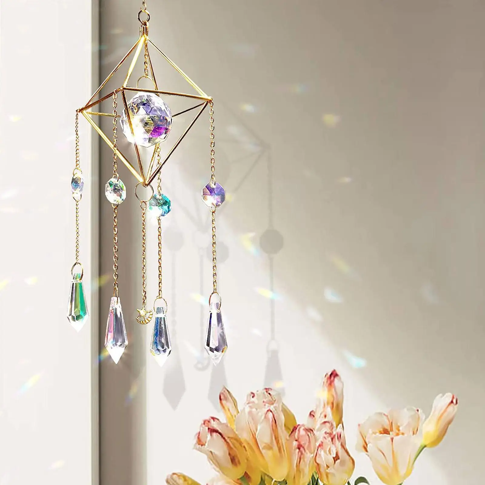 

Colorful Sun Catchers Crystal Pendant Window Wind Chime Rainbow Moon Star Light Plated Garden Hanging Chaser Catcher Decor H2W6