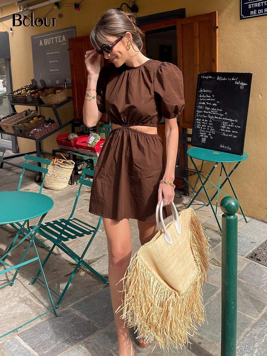 

Bclout Summer Cotton Brown Dress Women Lantern Sleeve Hollow Out Sexy Dress Vacation O-Neck A-Line Elegant Mini Dresses Female