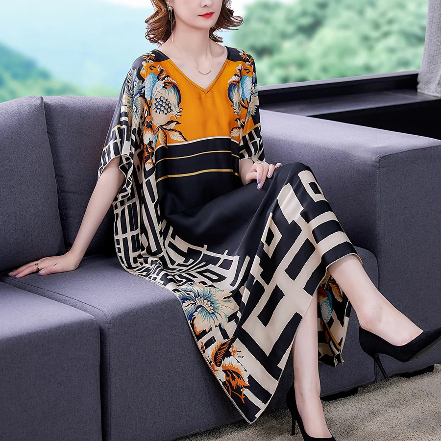 Женское платье-макси из шелка тутового шелкопряда с принтом | Женская одежда