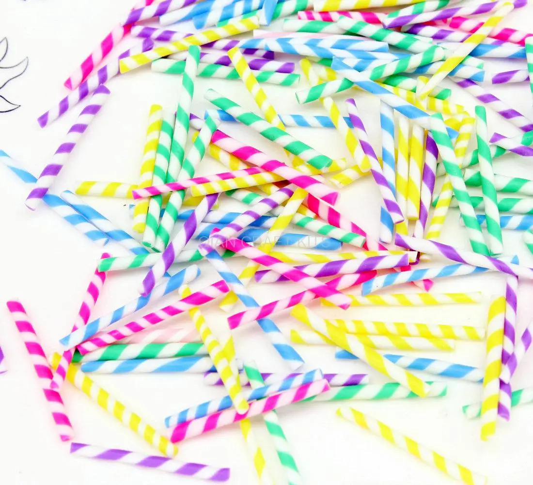

300pcs of Polymer Clay Candy Straws - Rainbow Mix of Striped Pixie Sticks 20mm-23mm