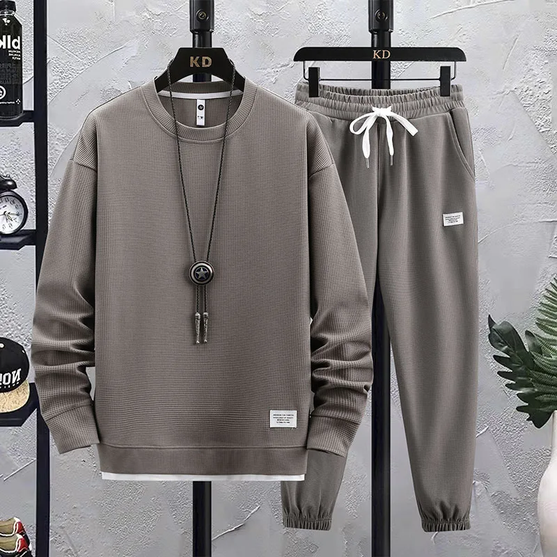 

Knitted 2-piece Waffle Hoodie Men's Sportswear Set Sports Jogging Set with Pockets Spring and Autumn Leisure Sports Set