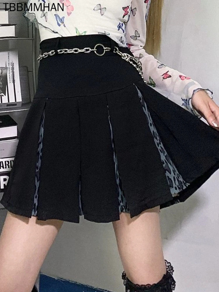 

Black High Waist Skirt Women Sexy Gothic Party Mini Skirt Female High Street Design Leopard Print A-line Kawaii Skirt
