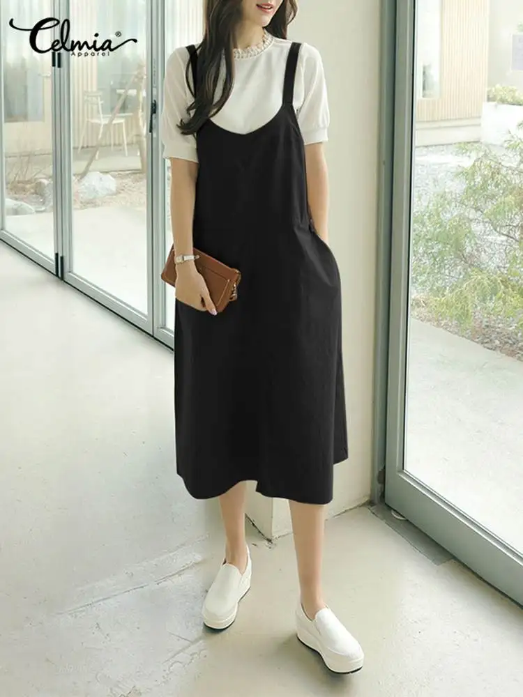 

Celmia Fashion Women Suspender Dress All-match Elegant Pocket 2022 Autumn Midi Sundress Solid Color Holiday Leisure Apron Dress
