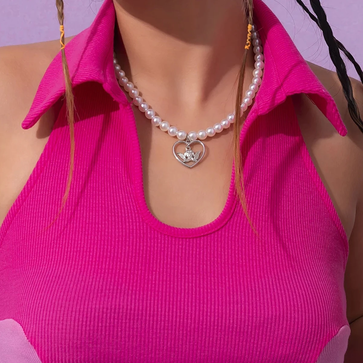 

Lacteo Fashion Silver Color Heart Angel Decor Pendant Necklaces for Women Men Trendy Imitation Pearls Chain Necklace Jewelry